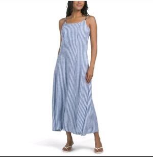 CALYPSO St Barth Blue White Stripe Maxi Linen Dress Beaded Straps Size Large